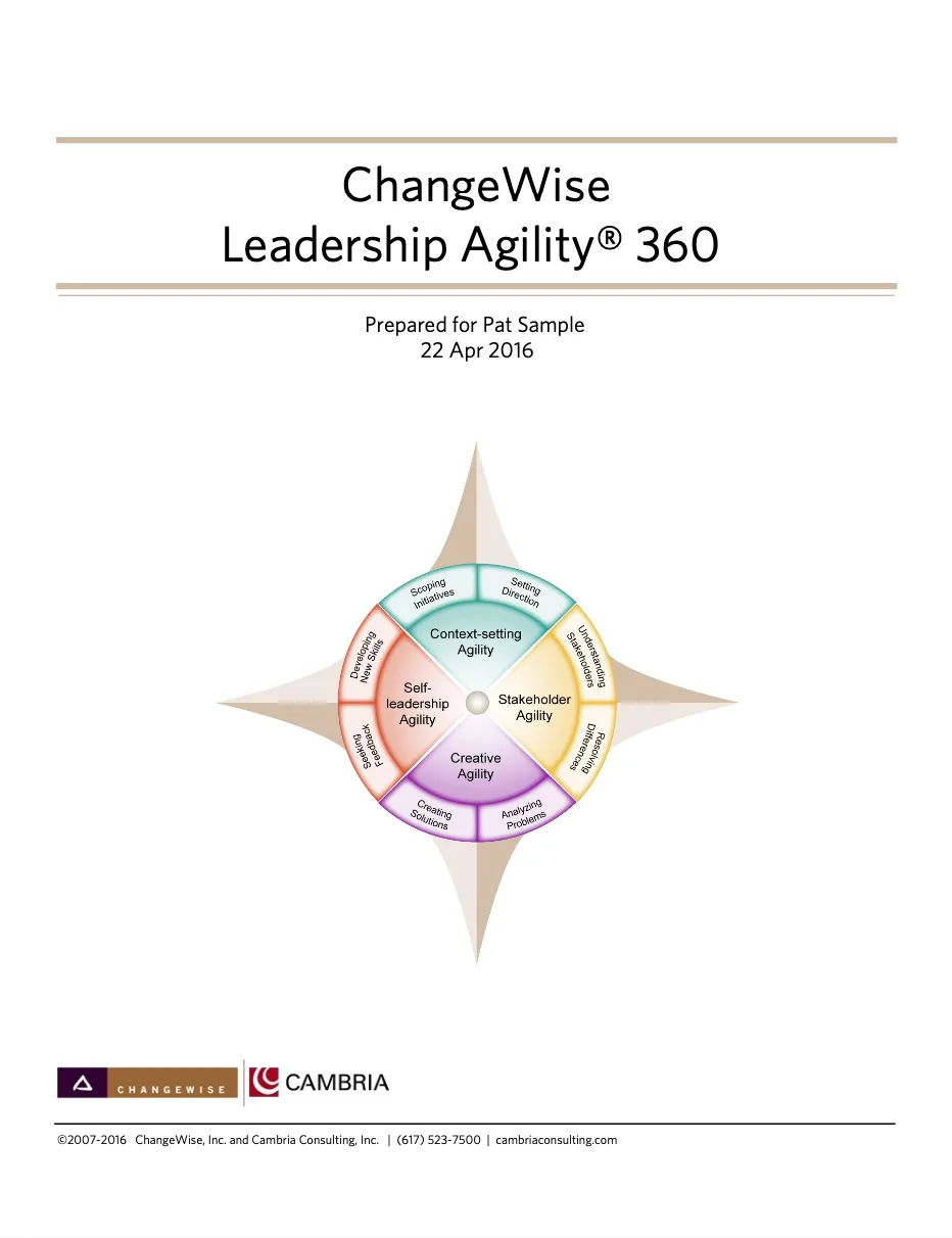Cover of the ChangeWise Leadership Agility 360 sample report (opens the sample report)